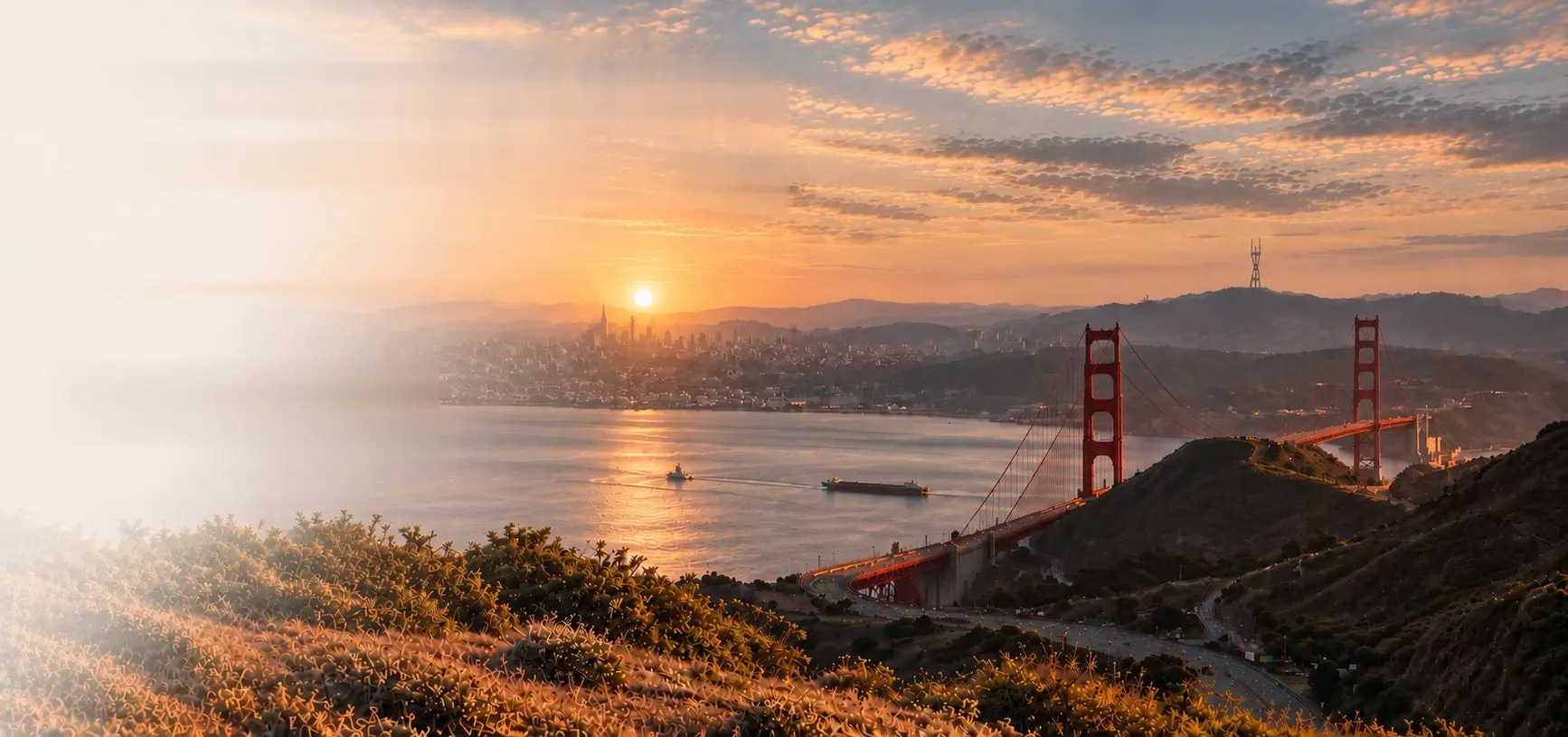 Golden Gate Bridge and the San Francisco skyline at sunset, seen from the Marin Headlands